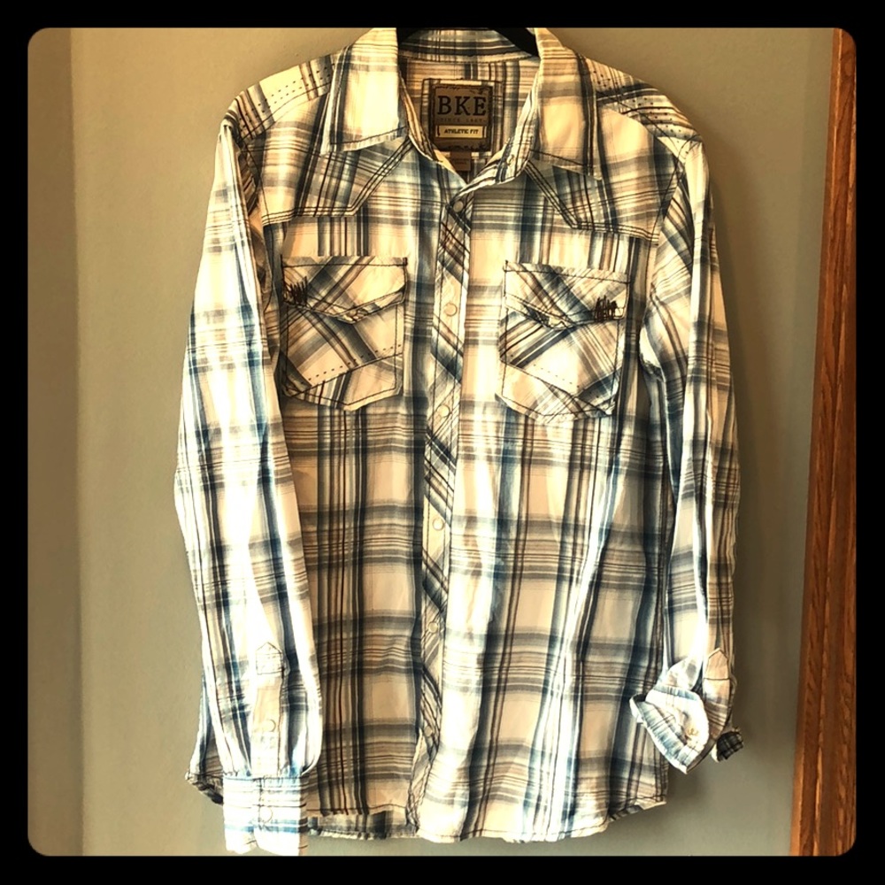 BKE white, blue and brown plaid shirt.